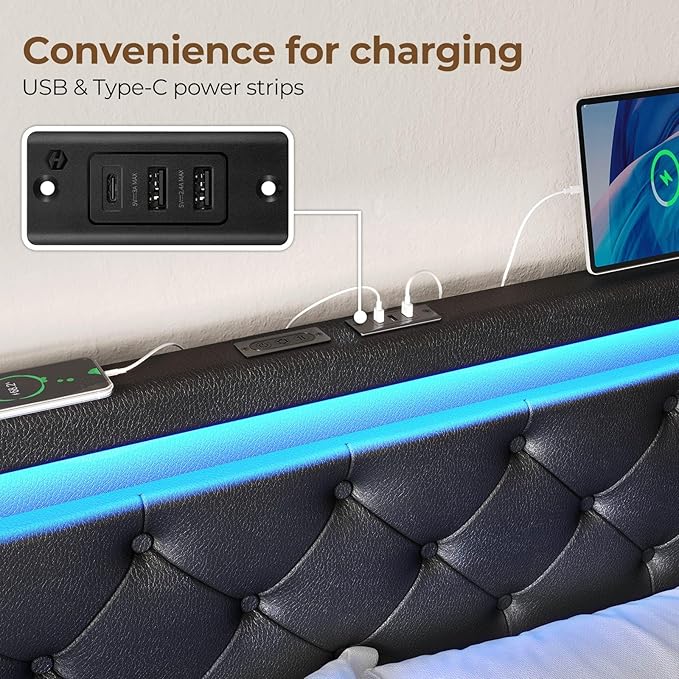 Rolanstar LED Bed Frame Queen Size, Queen Bed with 4 Storage Drawers and Charging Station,1 USB Port & 2 Type C Port, Adjustable Upholstered Headboard 38.9/40.8 Inches, No Box Spring Needed, Black