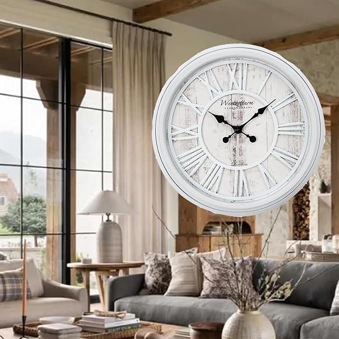 20 Inch Farmhouse Wall Clock, Vintage Wood Silent Non-Ticking, Battery Operated Retro Round Decorative Clock for Kitchen, Living Room, Bedroom,Office,Grey White