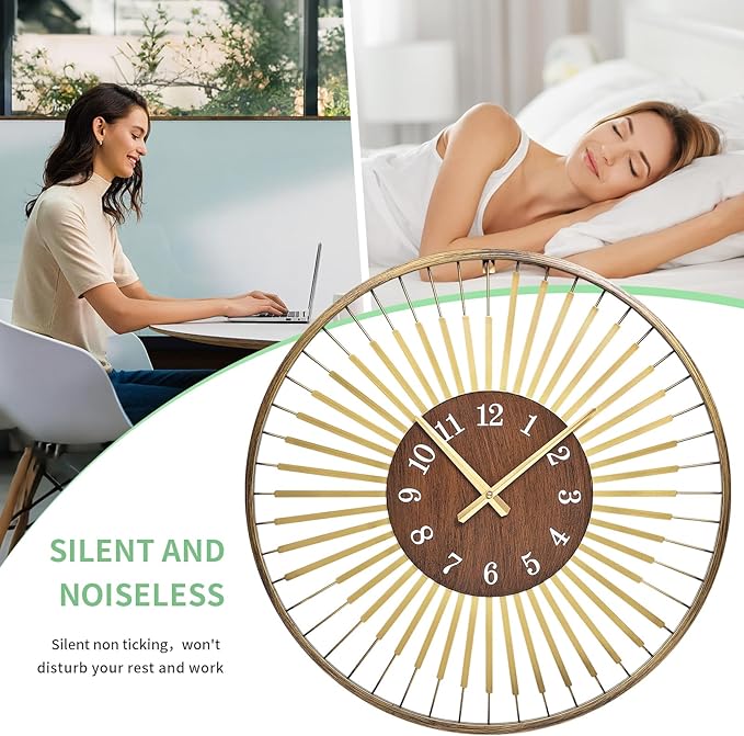 24 Inch Mid-Century Modern Wall Clock, Round Frame Metal Design with Walnut Wood Center, Silent Quartz Movement, Gold-Tone Accents – Decorative Wall Clock for Living Room, Bedroom, and Office