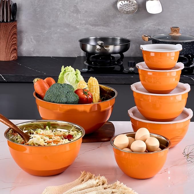 Orange Mixing Bowls With Airtight Lids,Stainless Steel Bowl,Salad Bowls 7 Piece Colorful Nesting Bowl Orange Kitchen Accessories,Size 7,3.6,2.7,2.1,1.5,1.1,0.8QT Stackable Design