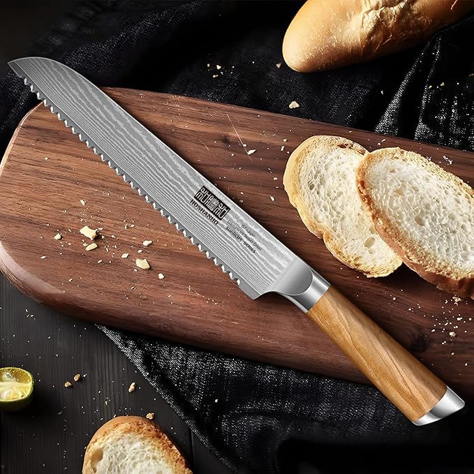 Bread Knife 8 Inch, Damascus Steel Bread Kitchen Knife with Ergonomic Olive Wood Handle, Professional Ultra-Sharp Serrated Knife for Homemade Bread, Sourdough Bread Cutting
