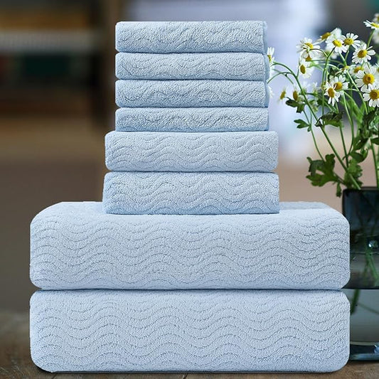 Ultra Soft 8 Piece Textured Bath Towel Set for Bathroom Shower Pool, Kitchen, Quick Dry, Lightweight Highly Absorbent - 2 Oversized Bath Towel Sheets, 2 Hand Towels, 4 Washcloths - Light Blue