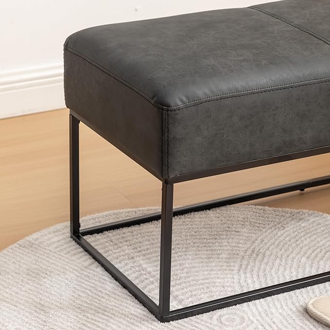 Leather Entryway Bench, Modern Long Leather Ottoman Bench Seat with Metal Frame, 47'' Upholstered Bedroom Bench for Living Room Entryway Window, Vintage Black