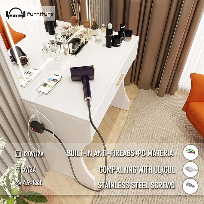 Vanity Desk, Makeup Vanity with LED Light Mirror, Small White Vanity with a Super Large Drawer and Power Outlet, 3 Color Lighting Modes Makeup Table for Bedroom, Dressing Room