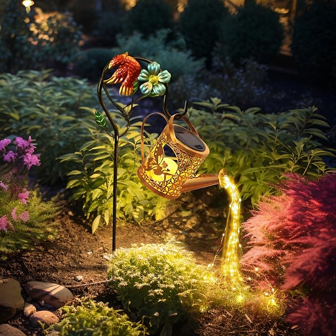 Solar Lights Outdoor Garden Decor Solar Watering Can with Crackle Glass Lights Waterproof Metal Hanging Fairy Lantern for Patio Lawn Yard Outside Decorations- Unique Gift Ideas for Gardening