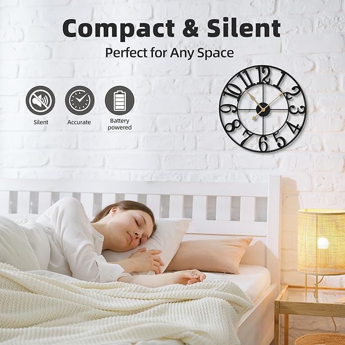 Wall Clock Battery Operated,Silent Non Ticking Modern Rustic Metal Small Clocks for Living Room/Bedroom/Office/Kitchen/Farmhouse Home Decor-14IN(Arabic Number-Black)