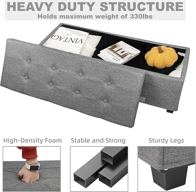 Metal Storage Ottoman, End of Bed Bench, Foot Stool with Legs, Storage Chest Footrest for Bedroom, Entryway, Living Room, 15.7 x 43 x 15.7 Inches, Linen Grey