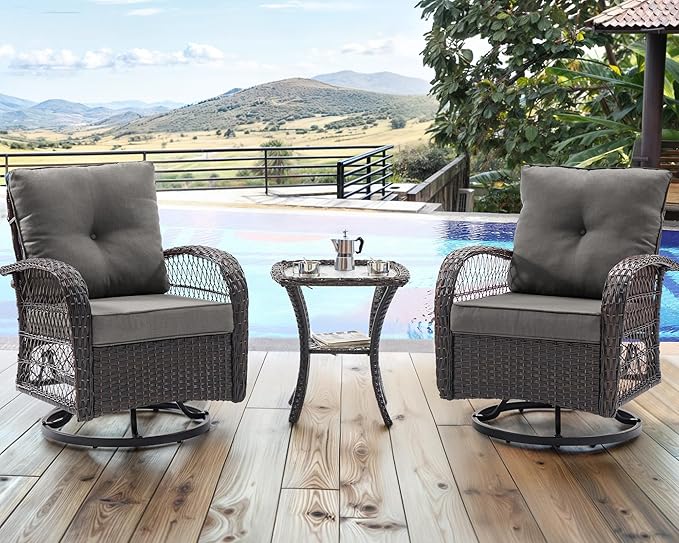 UDPATIO 3 Pieces Patio Furniture Set, Outdoor Swivel Rocker Patio Chairs Set of 2, All-Weather PE Wicker Glider Chairs with Thick Cushions and Glass Coffee Table,for Porch Deck Backyard Grey
