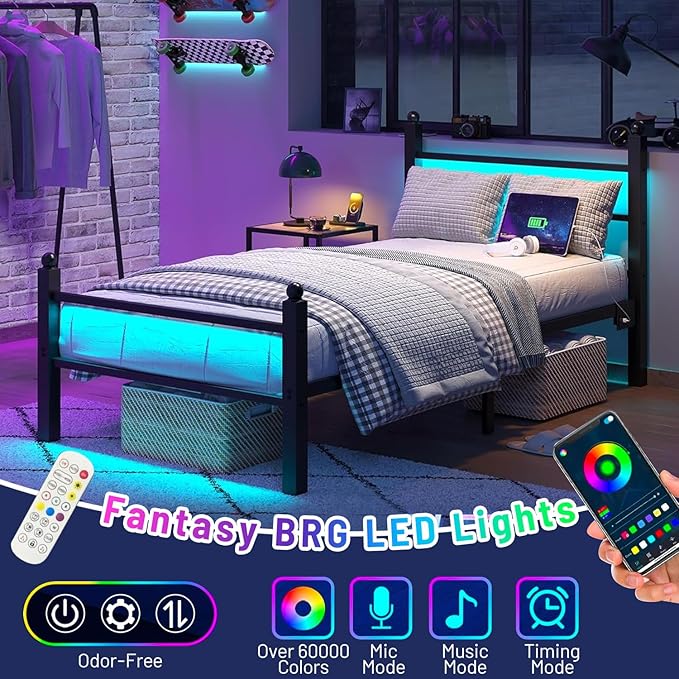Twin Bed Frame with Headboard and Footboard,Steel Slats Support-LED Bed Frame with USB Charging Station,Mattress Foundation-Under Bed Storage,No Box Spring Needed,Noise Free,Black