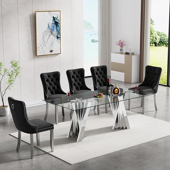 Goujxcy Modern 7 Piece Glass Dining Table Set Luxury Glass Kitchen Table and Chair Set for 6, 70" Large Rectangular Dining Room Table with 6 Tufted Chairs and Stainless Steel Legs (Silver & Black)