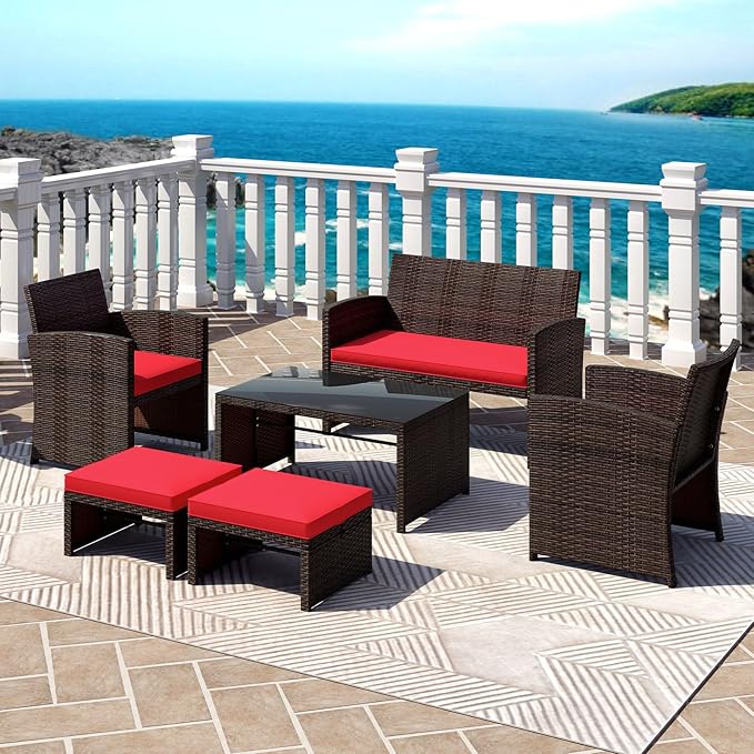 Tangkula 6 Pieces Patio Furniture Set, Outdoor Sectional Conversation PE Rattan Sofa Set with 1 Loveseat, 1 Coffee Table, 2 Armchairs and 2 Ottomans for Garden, Deck, Backyard and Poolside (Red)