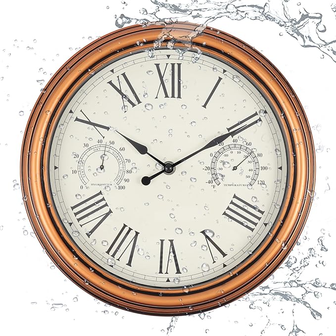 12 inch Outdoor Wall Clock, Plastic Waterproof Wall Clock with Temperature & Humidity for Patio Garden Home