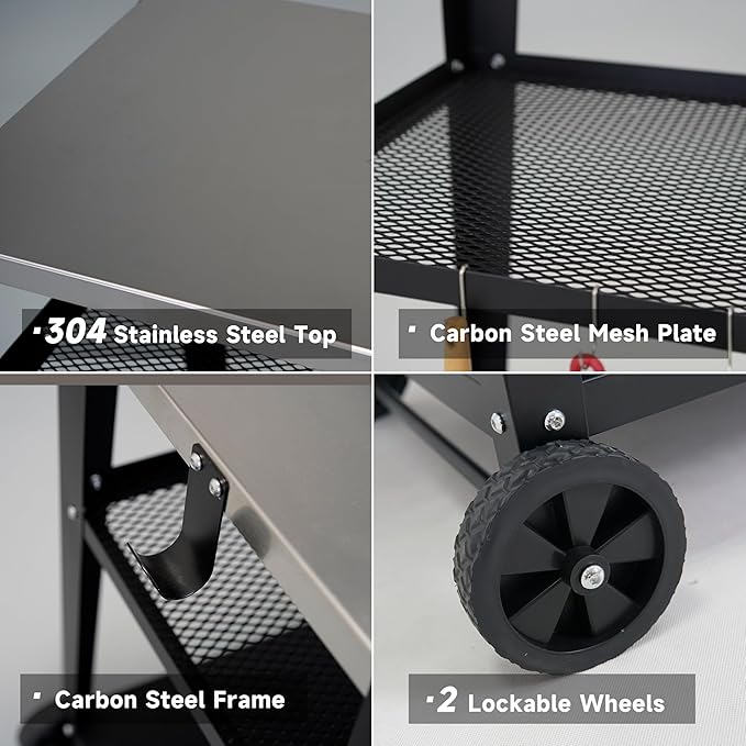 Stainless Steel Outdoor Grill Cart with Wheels, Heavy-Duty 3-Tier BBQ Prep Table for Pizza Oven, Griddle, Patio – Rustproof Commercial Kitchen Cart with Tool Hooks