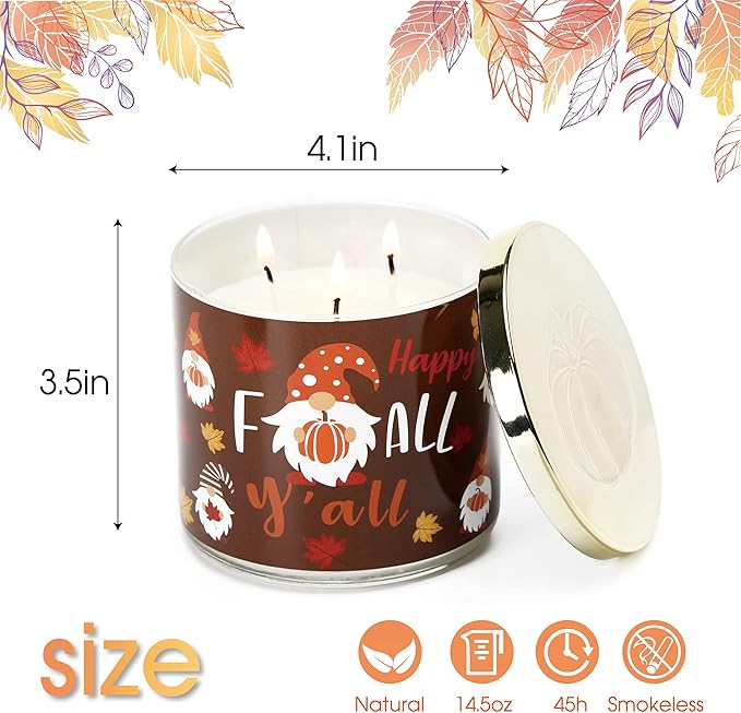Fall Candle, Pumpkin Vanilla Candles, Pumpkin Scented Candle, Autumn Large 3 Wicks for Home, 14 oz