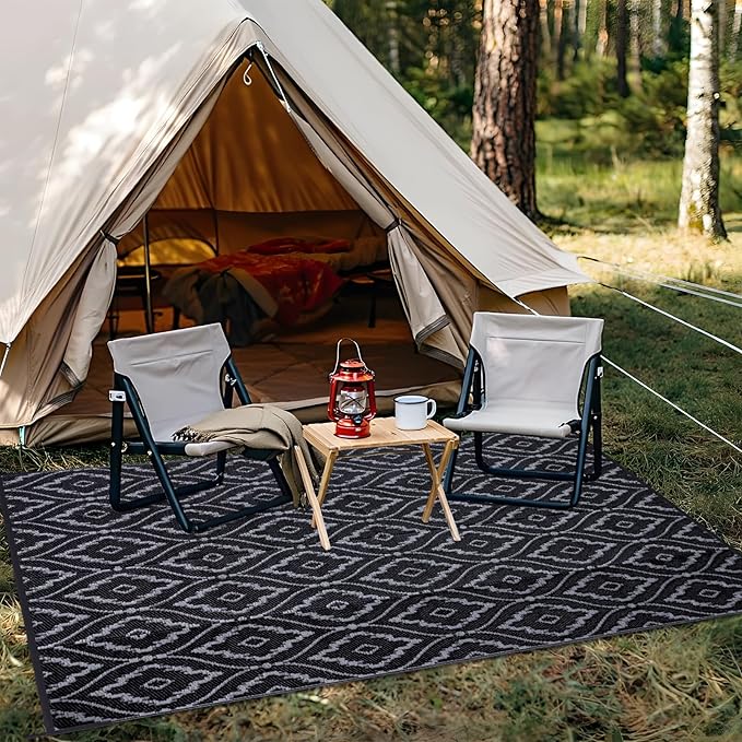 OLANLY Outdoor Rug 8x10 ft Waterproof, Outdoor Plastic Straw Rug with Geometric Pattern Clearance, Reversible RV Mat for Patio, Camping, Balcony, Deck, Backyard, Black & Grey