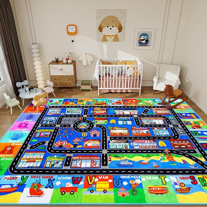 Kids Rugs for Toy Cars Playroom 59"×39.4" ABC Transportation Animals Play Mat Educational Mat Alphabet Area Rug Public Buildings Kids Playtime Collection Toddler Learning Carpet