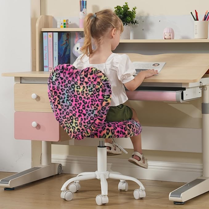 Cute Fuzzy Kids Chair Rolling Study Desk Chair Furry Studing Computer Task Chair Faux Fur Swivel Vanity Chair for Girls Boys Bedroom, Red Leopard