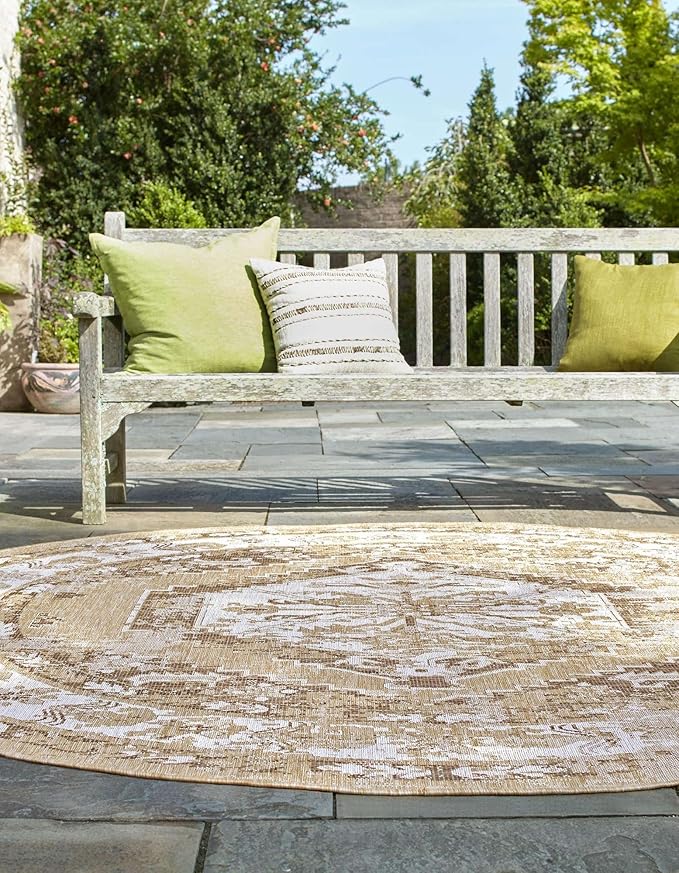 Unique Loom Outdoor Traditional Collection Area Rug - Valeria (13' Round Natural/Ivory)