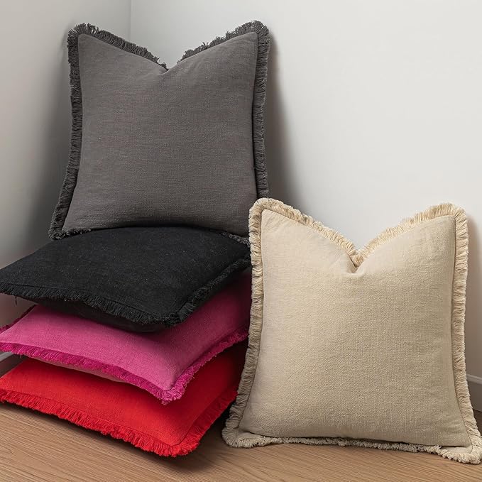 MIULEE Decorative Throw Pillow Covers Neutral Linen Fringe Throw Pillows Euro Shams Set of 2 Hot Pink Boho Farmhouse Cushion Covers for Couch Sofa Bed Living Room Spring Home Decor 22x22 Inch
