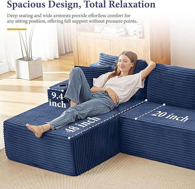 104''Sectional Cloud Couch with L Shaped Chaise,Modern Modular Sectional Sofa,Boneless Couch with Deep Seat,Comfy Couches for Living Room (Blue, U Shaped)