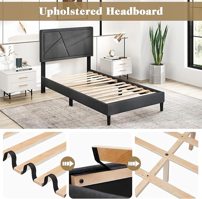 Giantex Twin Bed Frames with Headboard, Modern Upholstered Platform Bed Frame with Geometric Tufting Headboard, Wooden Slats Support, No Box Spring Needed, Gray