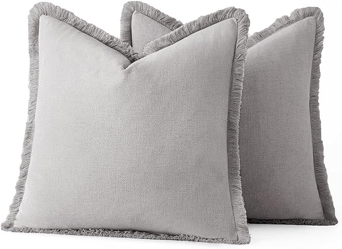 MIULEE Decorative Throw Pillow Covers Neutral Linen Fringe Throw Pillows Set of 2 Light Grey Boho Farmhouse Cushion Covers with Tassels for Couch Sofa Bed Living Room Spring Home Decor 18x18 Inch
