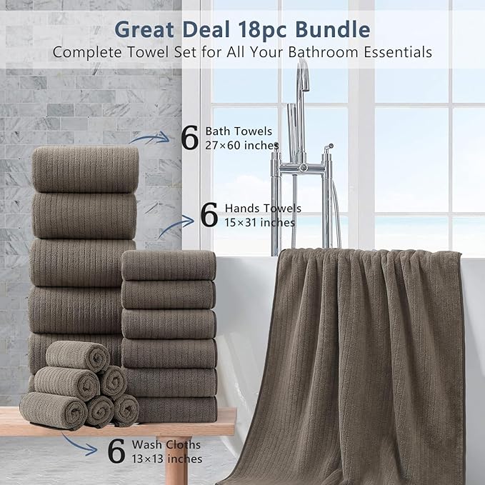 18 Piece Bath Towels Set,Super Soft Family Bathroom Towel Set with Hanging Loops-6 Bath Towels,6 Hand Towels,6 Washcloths,Highly Absorbent Quick Dry Shower Towel for Bathroom,Hotel,Spa-Brown Towel Set