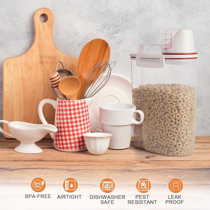 TBMax Rice Storage Container, Airtight Cereal Container Dispenser with Pourable Spout + Measuring Cup, BPA Free Plastic Storage Bin for Pantry Organization and Storage