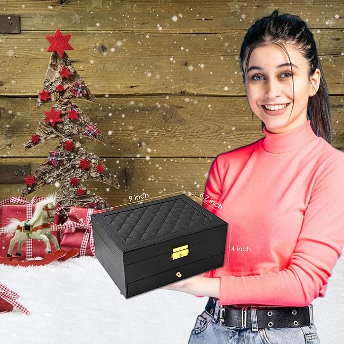 Jewelry Box for Women Girl Wife - Large PU Leather Jewelry Organizer Storage Case with Two Layers Display for Earrings Bracelets Rings Watches (Black)