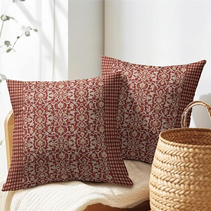 Kawani Red Antique Pillow Covers 20x20 Inch Vintage Floral Block Print Decorative Throw Pillows Set of 2 Retro Turkish Pillowcases for Couch Indoor Outdoor Home Decor