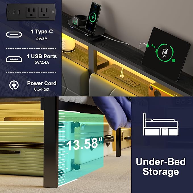 Queen Bed Frame with LED Lights & Charging Station, Metal Platform Bed Frame with 2 Tier Storage Headboard, Under Bed Storage, No Box Spring Needed, Noise Free, Easy Assembly
