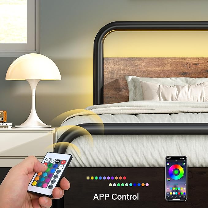 Catrimown Queen Size Bed Frame with LED Lights, Metal Rustic Platform Bed Frame with Wood Headboard and Footboard, Queen Size Platform Bed Frame with Under Bed Storage, Rustic Brown