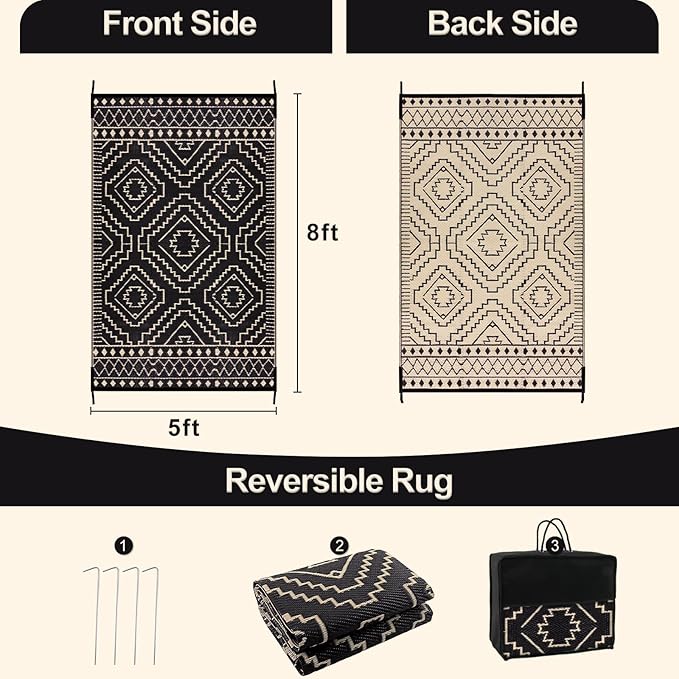 Wonnitar Outdoor Rug for Patio Clearance, 5x8 Waterproof Reversible Plastic Straw Rug, Moroccan Outside RV Area Rug for Camping, Outdoor Portable Mat for Deck Balcony Porch (Black & Beige,5'x8')