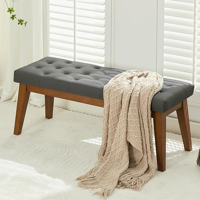 43.5'' Faux Leather Bedroom Bench, Upholstered End of Bed Bench with Tufted Button, Padded Vintage Dining Bench, Entryway Bench with Solid Wood Legs, Kitchen, Living Room, Hallway, Dark Grey Tufted