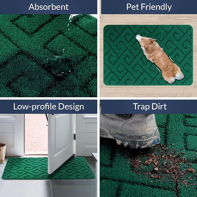 Walensee Indoor Doormat, Front Door Mat for Entrance (36"x59" Green) Machine Washable Entryway Rug, Non Slip Trapper Door Rugs Absorbent Dirt Low Profile Shoes Scraper Inside Floor Mats