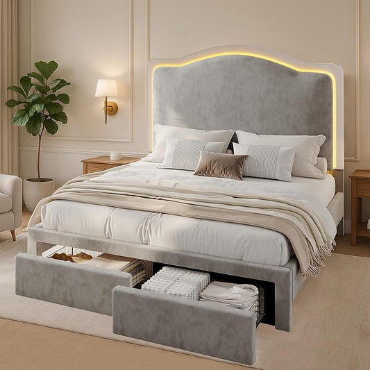 Jocisland Queen Bed Frame with Storage Drawers, 51" Adjustable Velvet Headboard, RGB LED Lights, Upholstered Platform Bed, Modern Bed for Teens, Guest Room, No Box Spring Needed, Grey