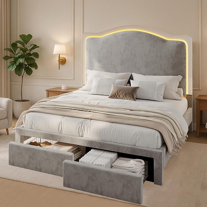 Jocisland Full Bed Frame with 51" Tall & Thick Adjustable Headboard, Storage Drawers, RGB LED Lights, No Box Spring Needed, Velvet Upholstered, Grey
