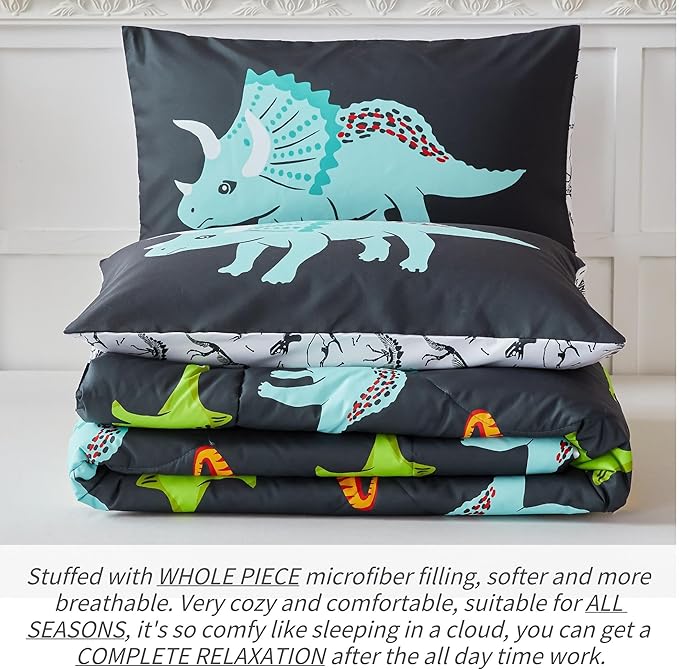 RYNGHIPY Dinosaur Bedding Set Queen Size Dinosaur Kids Comforter Set for Boys Girls Soft Breathable Cute Dinosaur Bed Set for All Season (Black,Queen)
