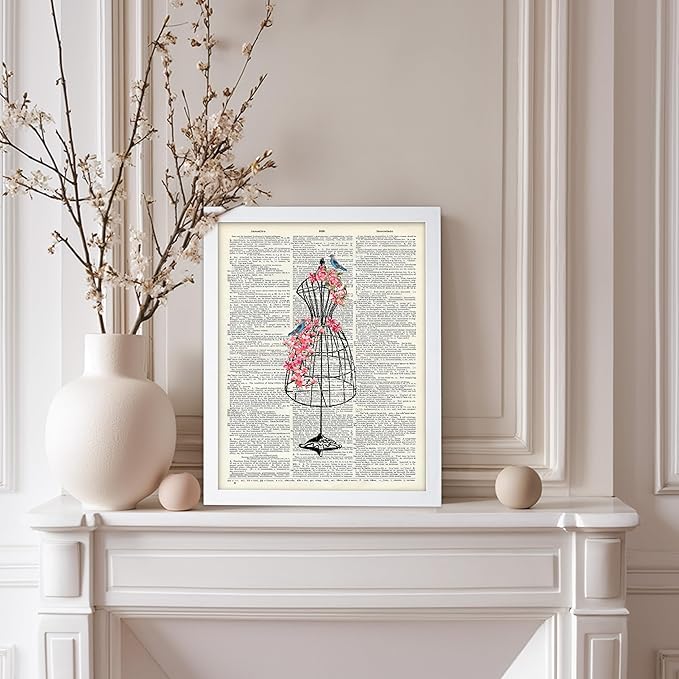 Poster Master Dictionary Art Poster - Mannequin Print - Sewing Art - Flower Art - Fashion Art - Gift for Men, Women & Dressmaker - Chic Decor for Living Room, Dorm or Office, 11x14 White Framed