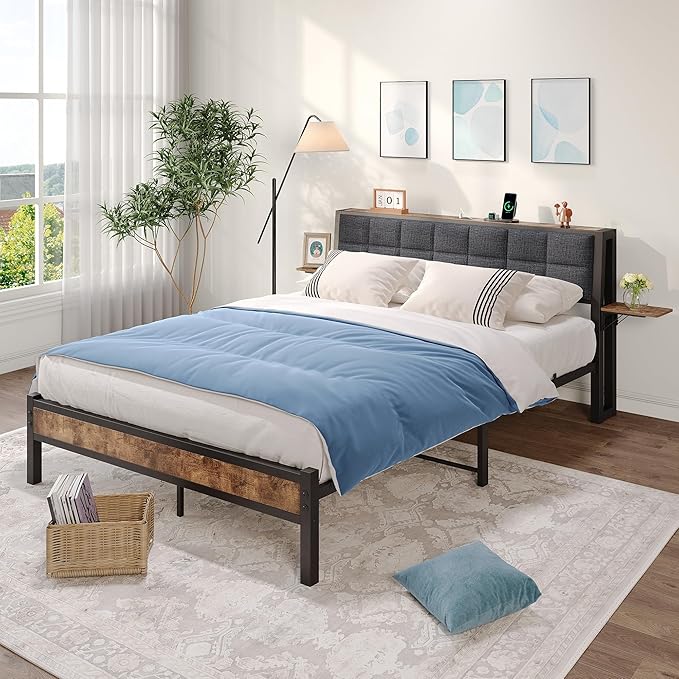 Full Size Bed Frame with Headboard,Metal Platform Bed Frame Full with Storage and USB Charging Station,Upholstered Bed Frames with Metal Slat Support/No Box Spring Needed/ Under Bed Storage/Noise Free