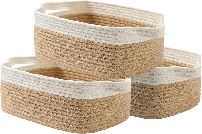 KALLAX Small Woven Basket, 14 x 10 x 5.6 Inches, Small Storage Baskets for Organizing, Gift Baskets Empty, Cute Rope Shelf Closet Storage Bins for Shelves, Dog Toy Basket, White & Brown
