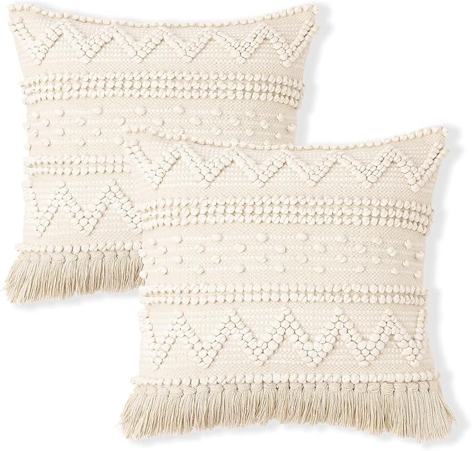 REDEARTH · Boho Textured Throw Pillow Cushion Covers - Woven Tufted Decorative Farmhouse Cases Set for Couch - Bed - Chair - Dining - Patio - Outdoor - 100% Cotton (18"x18" - Natural) Pack of 2