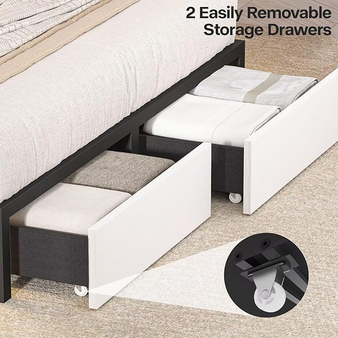 Queen Bed Frame with Bookcase Headboard and Storage Drawers, 51.2" Metal Platform Queen Size Bed Frame with Charging Station and LED Lights, Velvet Upholstered Tufted Bed Frames, White