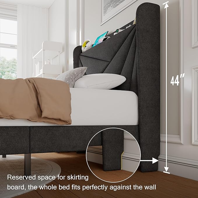 Twin Size Upholstered Bed Frame with Charging Station, Platform Bed Frame with Storage Headboard, Solid Wood Slats Support, No Box Spring Needed, Dark Gray
