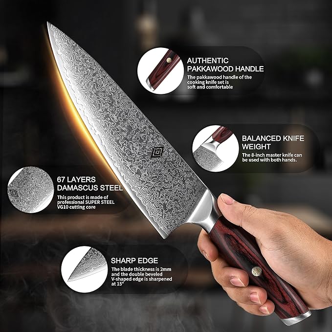VEROXIS Damascus Chef Knife 8 Inch, Professional Japanese Kitchen Knives Sharp High Carbon Super Steel with Ergonomic Pakkawood Handles, Elegant Gift Box Packaging