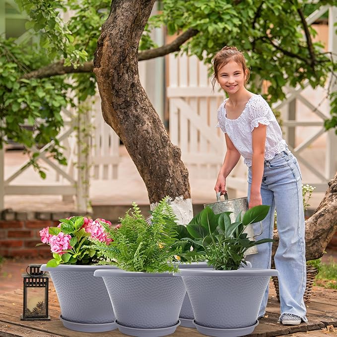 Quarut 12 Inch Large Planter Pot for Plants Indoor Outdoor, 4 Pack Plastic Flower Pots with Drainage Hole & Tray, Modern Decorative Garden Pot with Saucer, Plant Container for House Grey