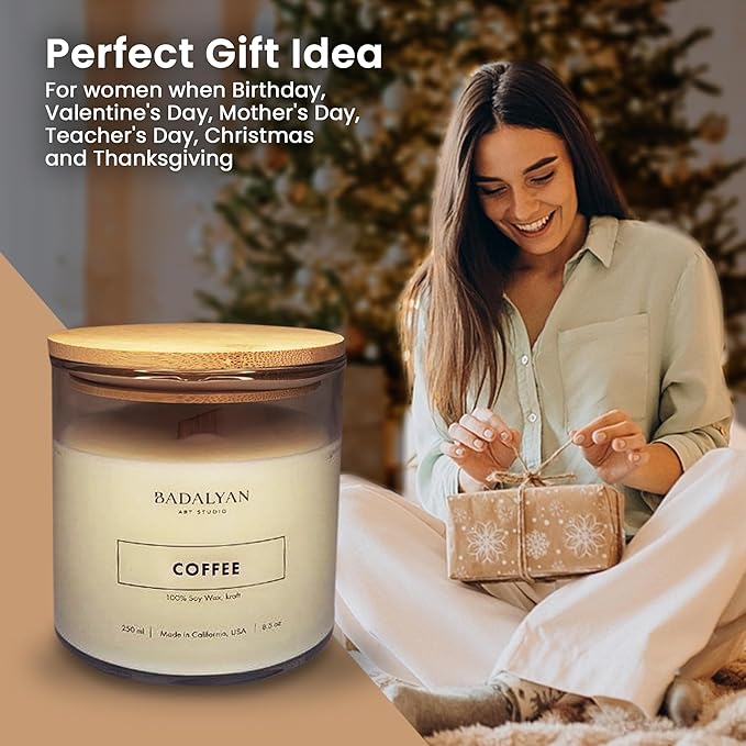 Scented Candles Clearance, Wooden Wick Soy Candles in Glass Jar, Relaxation Gifts for Women, Bath and Body Works Candles for Home Scented, Room Decor Natural Candles (Coffee)