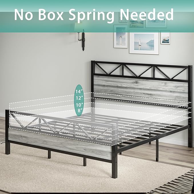 Full Size Bed Frame with Headboard, Industrial 51.2" Tall Headboard, Full Size Platform Bed Frame with Heavy Duty Metal Slats Support, No Box Spring Needed, Noise-Free, Easy Assembly, Wash Grey