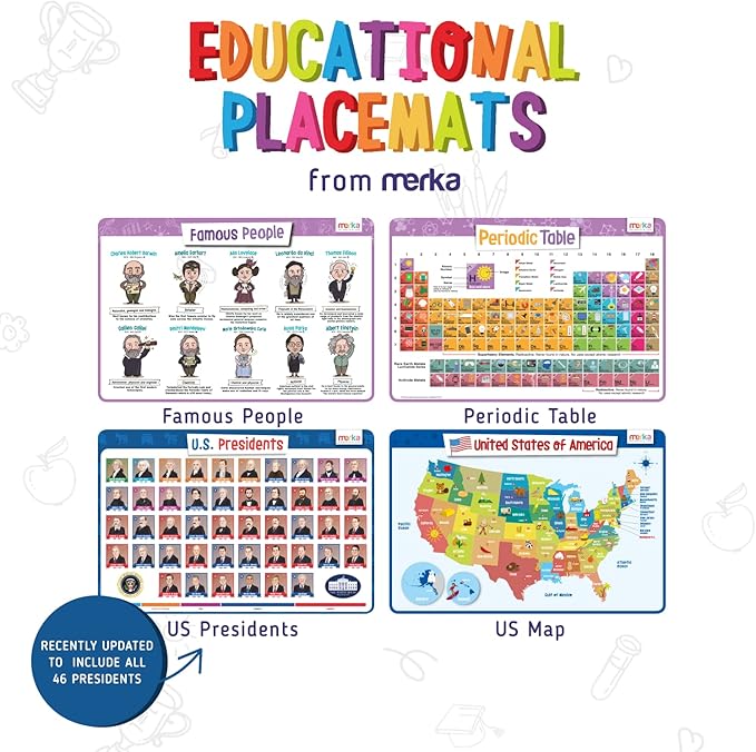 Merka Kids Placemats Set of 4 – Reusable US Map & US Presidents, Famous People & Periodic Table for Kids Dining - Dining Table Set for 4 Placemats