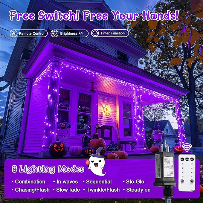 JMEXSUSS 400 LED Purple Halloween Lights Outdoor: 132ft Purple Lights Plug in with Remote - Indoor String Light for Halloween Christmas Decorations